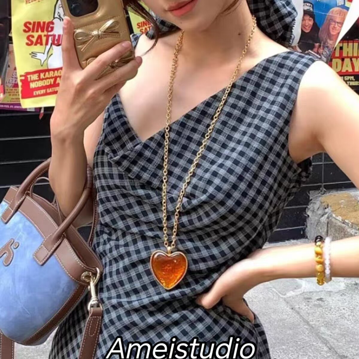 Ameistudio卢昱晓同款琥珀爱心项链女小众设计高级感复古毛衣链