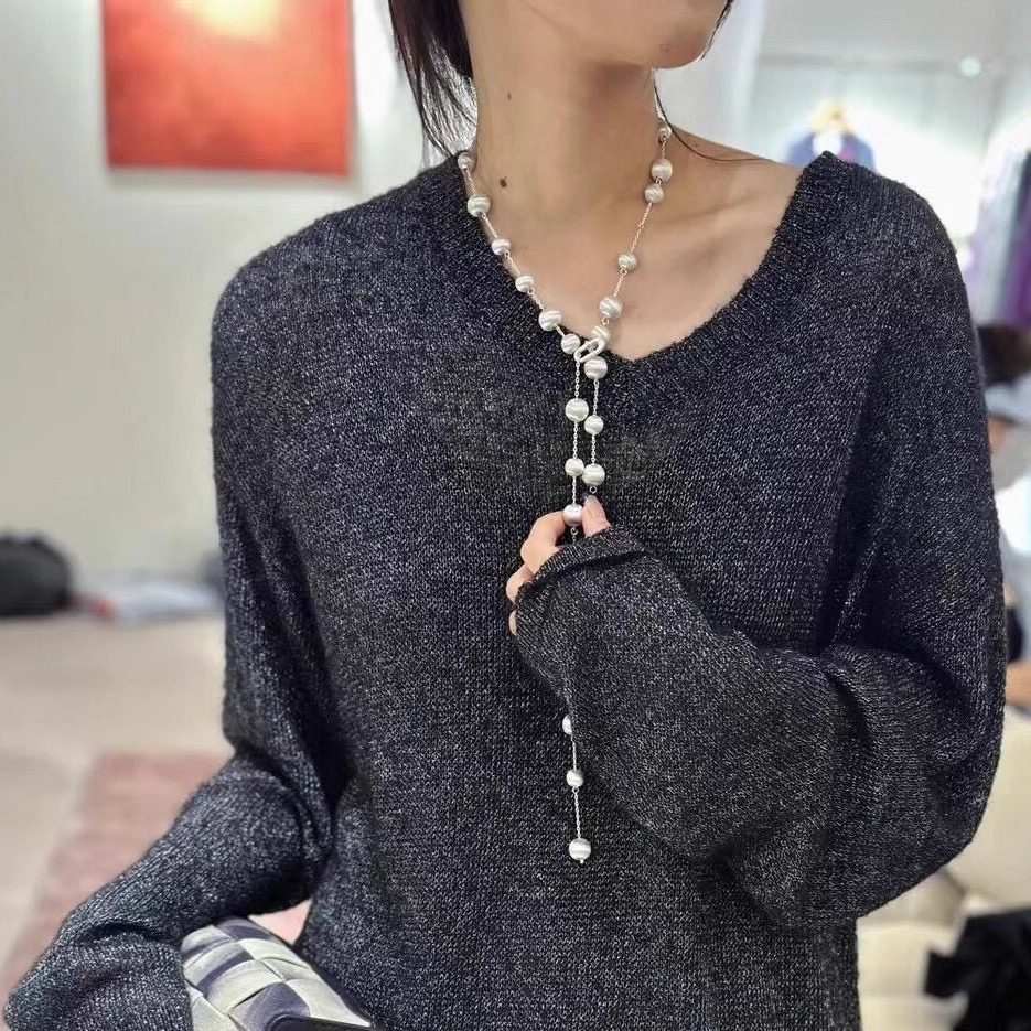 拉丝银球串珠项链女小众设计高级感长款毛衣链气质叠戴锁骨链颈链