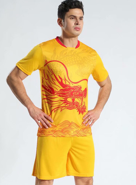 龙舟服龙纹短袖短裤足球服套装男训练服球衣定制印号字210011黄色