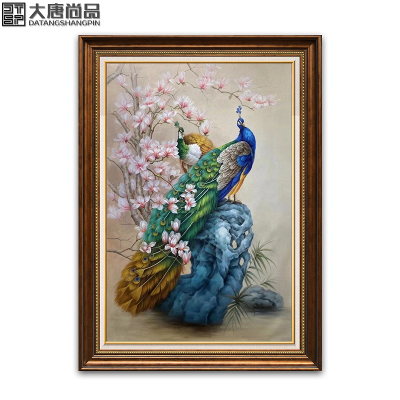 纯手绘客厅过道中式装饰挂画入户玄关孔雀吉祥图美式动物油画定制图片