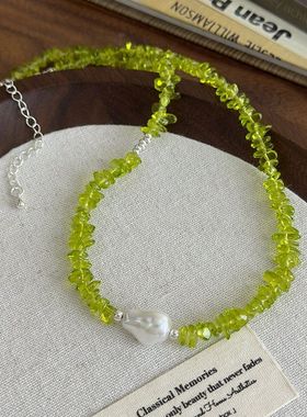 森系橄榄绿色石珍珠项链女清新甜美锁骨链时尚气质百搭颈链度假风