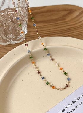 春夏新款彩色串珠项链女锁骨链简约百搭小众设计感简约choker颈链