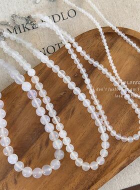 天然白色冰透玛瑙手工串珠项链复古高级感百搭颈链个性锁骨链配饰