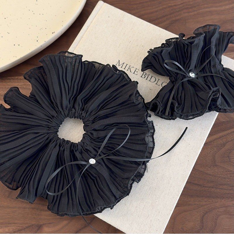 法式复古超大黑色网纱蝴蝶结水钻大肠发圈高级感双层大号发绳发饰