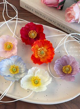 仿真虞美人花朵项链纯欲氛围感超仙颈链配饰海边度假丝带锁骨链女