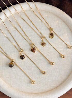 秋冬复古美拉德色系虎眼石可抽拉项链轻奢小众时尚衣服搭配配饰女