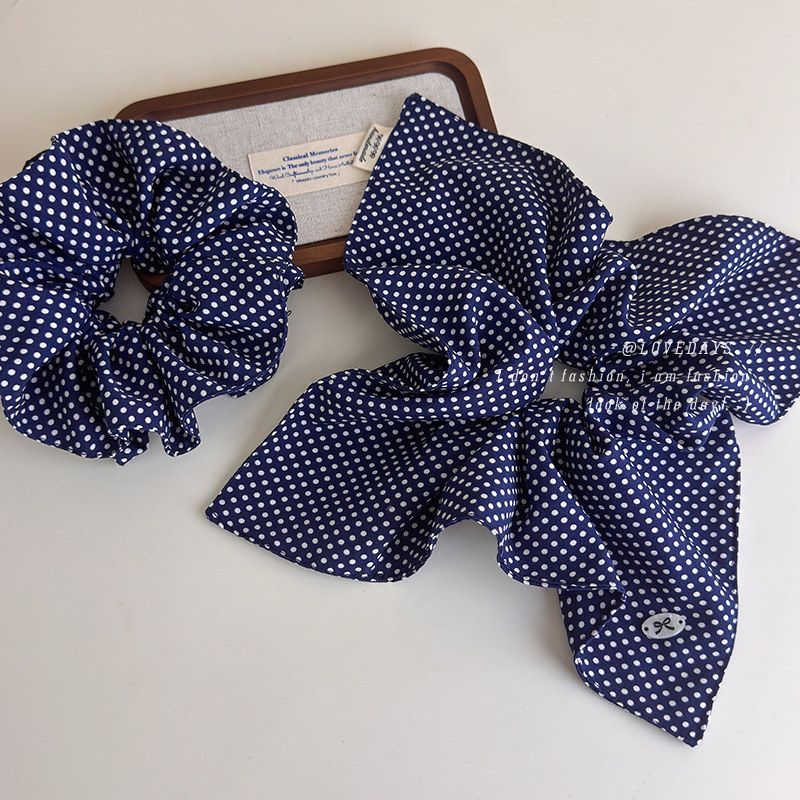 韩系藏青色波点大肠圈方巾时尚气质甜美发圈蝴蝶结纽扣头绳发饰