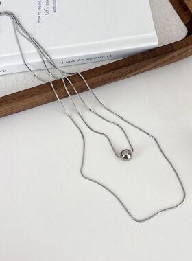 简约小众ins圆球金属冷淡风锁骨链毛衣链项链银色双层蛇骨链复古