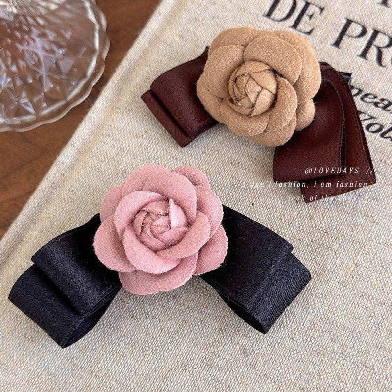 韩国复古法式小香风山茶花蝴蝶结侧边发夹温柔高级感气质鸭嘴夹女