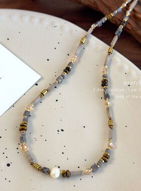 冷清感新款小众复古法式百搭短款锁骨链彩色石头珍珠串珠项链项饰
