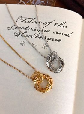 金色银色多层缠绕圆环吊坠长款项链秋冬新品百搭毛衣链衣服搭配饰