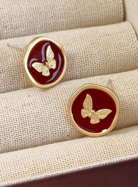 复古红色滴油蝴蝶耳钉2025新款爆款高级感独特气质耳环女小众耳饰