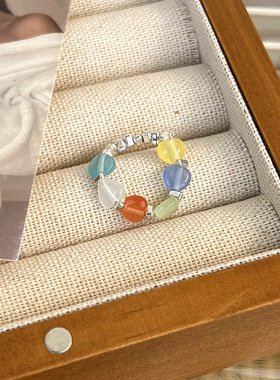 彩色串珠碎银子爱心戒指女小众设计感夏季弹力食指戒多巴胺指环