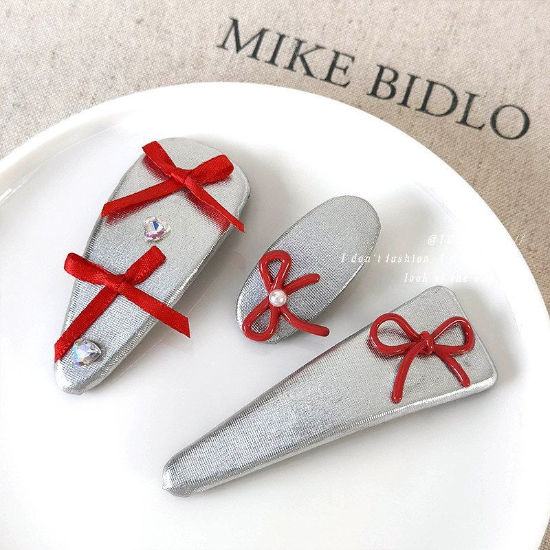 红色蝴蝶结金属银色皮质发夹女气质简约碎发刘海夹甜酷个性侧边夹