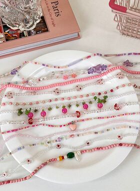 2026春夏甜酷风粉色系叠戴彩色串珠项链女小众设计感锁骨链颈链