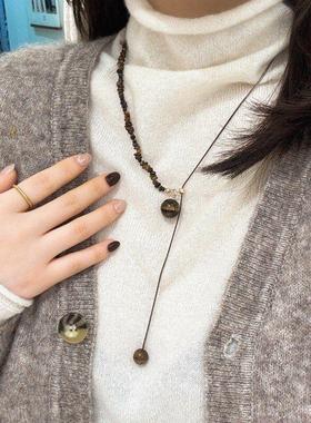 美拉德不规则虎眼石串珠项链复古小众设计款气质高级感抽拉毛衣链