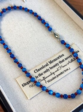 新中式深邃蓝色石头红色玻璃撞色串珠元宝扣项链短款锁骨链颈链女