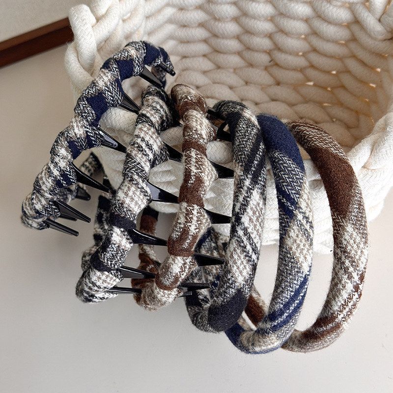 学院风格子布艺缠绕发箍韩系百搭高颅顶波浪格纹带齿防滑头箍头饰