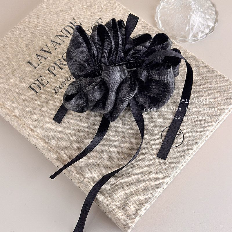 韩系格雷灰磨毛格纹褶皱花苞香蕉夹温柔气质高级飘带蝴蝶结马尾夹