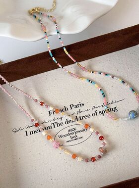 多巴胺彩色天然石项链2026新款爆款夏日串珠颈链高级感叠带锁骨链