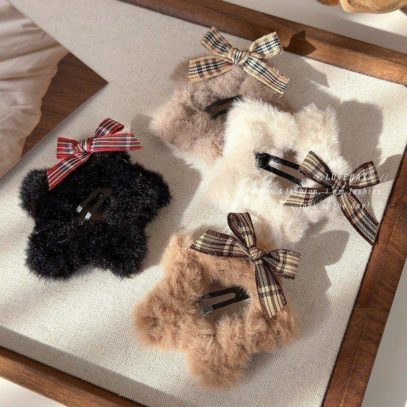 复古咖色系毛线五角星发夹女可爱星星侧边夹碎发蝴蝶结头饰刘海夹