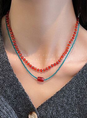 复古红蓝水晶串珠项链女ins小众设计感气质颈链配饰氛围感锁骨链