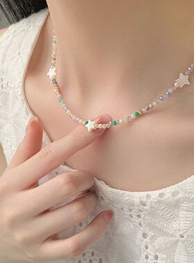 甜美度假风小清新绿色水晶串珠项链多巴胺风格贝壳星星短款锁骨链