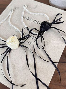 法式飘带蝴蝶结山茶花朵珍珠项链女choker颈链锁骨链气质配饰品