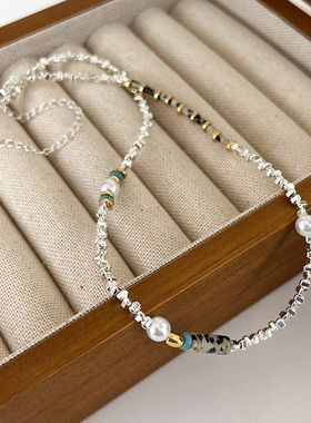轻奢小众绿色石头碎银子形状珍珠项链新款复古串珠锁骨链简约颈链