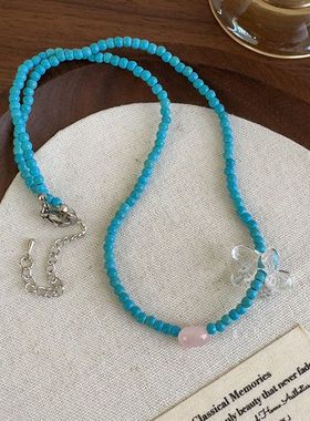 夏日多巴胺清爽花朵蓝色串珠项链百搭ins锁骨链显白韩系小众颈链