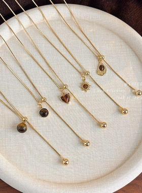 秋冬复古美拉德色系虎眼石可抽拉项链轻奢小众时尚衣服搭配配饰女