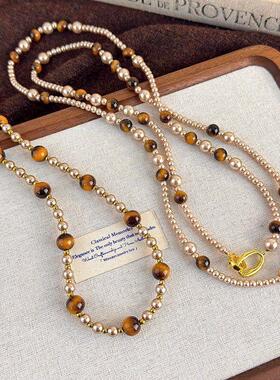 秋冬美拉德虎眼石珍珠串珠项链女轻奢小众设计感叠戴毛衣链配饰品