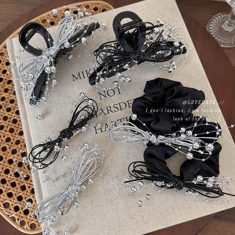 韩系银色球球链条发夹蝴蝶结鸭嘴夹女气质百搭鲨鱼夹大肠发圈发饰