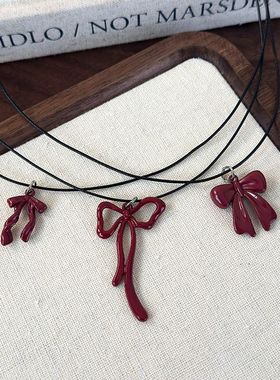 红色蝴蝶结黑色蜡绳毛衣项链女轻奢高级感小众卫衣链秋冬气质配饰