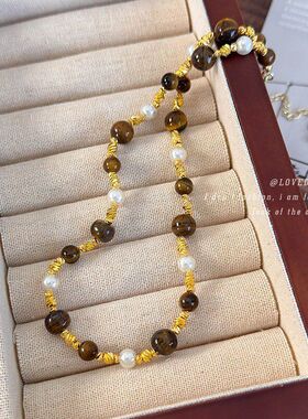 轻奢小众咖色美拉德虎眼石珍珠项链女款2026新款颈链锁骨链配饰品