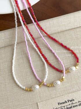 法式小众设计彩色米珠串珠珍珠项链氛围感气质百搭叠戴个性锁骨链