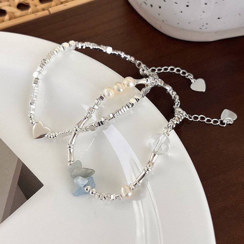 复古银色金属三角铁串珠手链碎银子颜色文艺爱心ins风小众手饰女