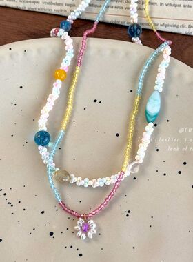 小众美式田园风项饰手工撞色串珠花朵吊坠项链度假自拍搭配配饰女