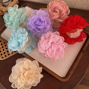彩色绢纱花朵抓夹9cm纱纱玫瑰花抓夹~超仙度假风海边拍照网红发夹