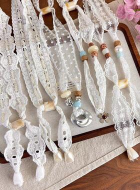 民族风白色蕾丝彩色串珠抽拉项链波西米亚长款氛围感丝巾项链配饰