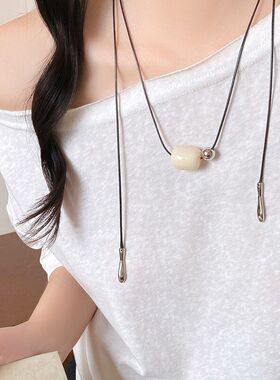象牙白圆珠吊坠锁骨链女小众设计时尚百搭项链长款气质高级感配饰