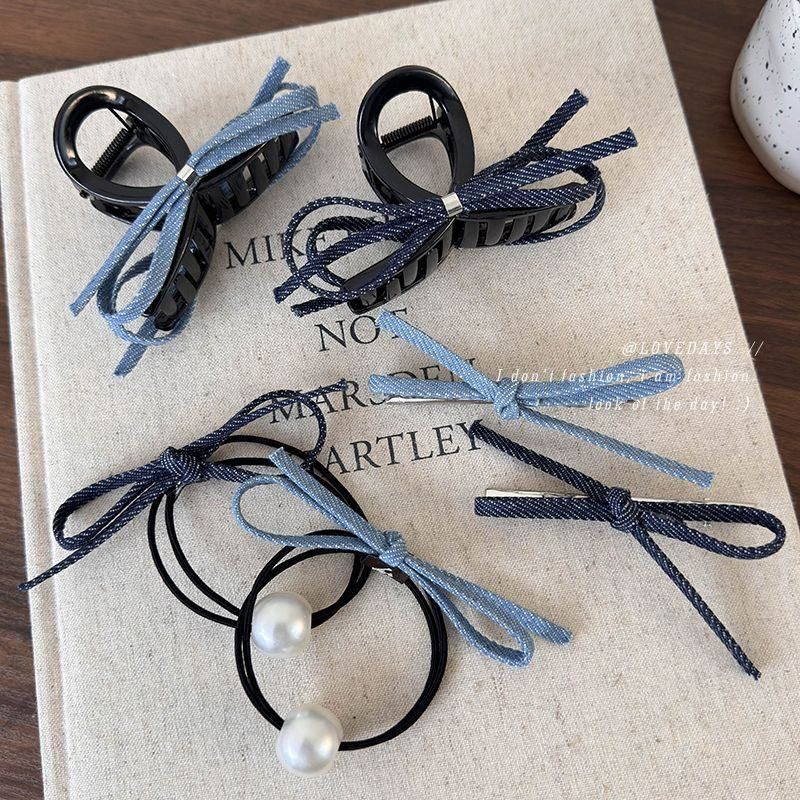 小众蓝色牛仔布艺蝴蝶结发夹鸭嘴夹刘海夹鲨鱼夹甜美发绳皮筋发饰