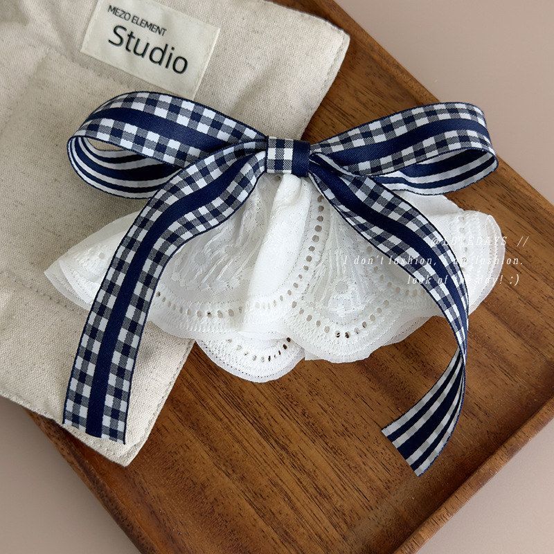 韩国气质白色裙边藏青色格子蝴蝶结发夹飘带顶夹女2025新款弹簧夹