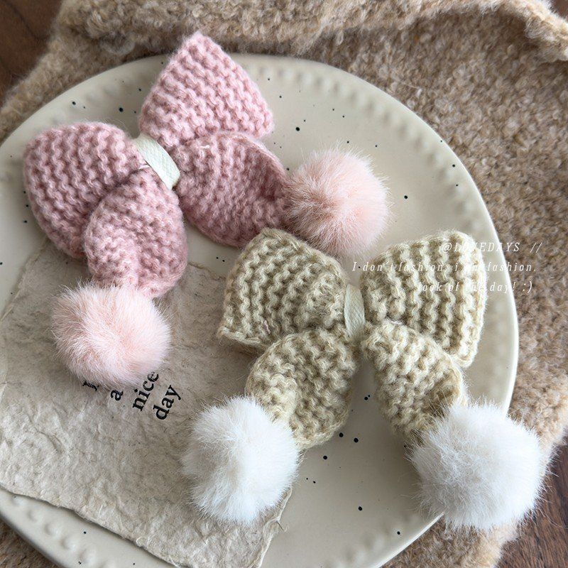 秋冬可爱少女系毛线蝴蝶结发夹甜美毛球发夹刘海夹侧边碎发夹发卡