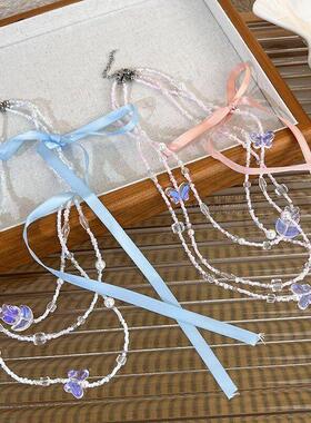 可爱甜心芭蕾风颈链蝴蝶结串珠三层叠戴项链粉色蓝色丝带锁骨链