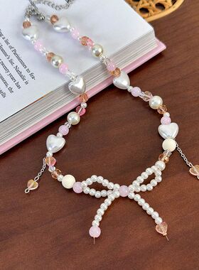 夏季手作蝴蝶结爱心串珠项链女款珍珠粉色水晶颈链轻奢锁骨链配饰