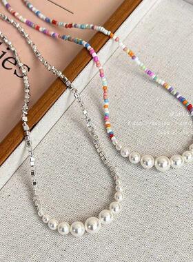 彩色串珠米珠碎银子形状珍珠项链夏季新款锁骨链设计感颈链配饰女