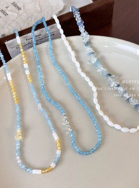 2024新款沙滩风蓝色天然石贝壳串珠锁骨链小众短款水晶项链小清新