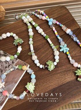 度假风夏日椰树串珠项链陶瓷配饰可爱贝壳星星椰树锁骨链颈链女