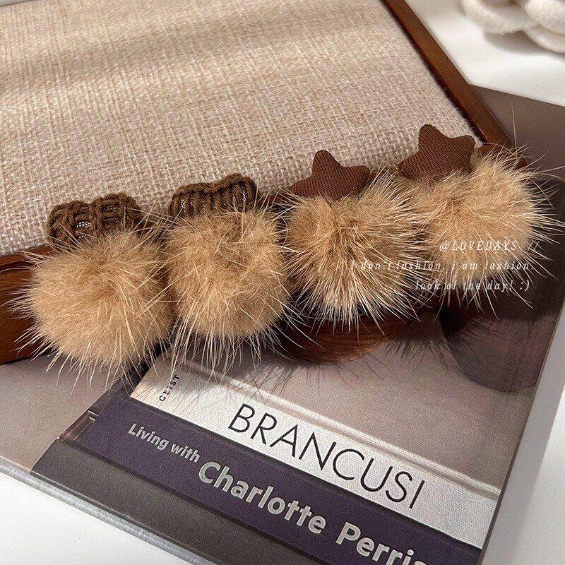 秋冬复古咖色毛球耳环美拉德爱心星星耳钉甜美气质少女几何耳饰女